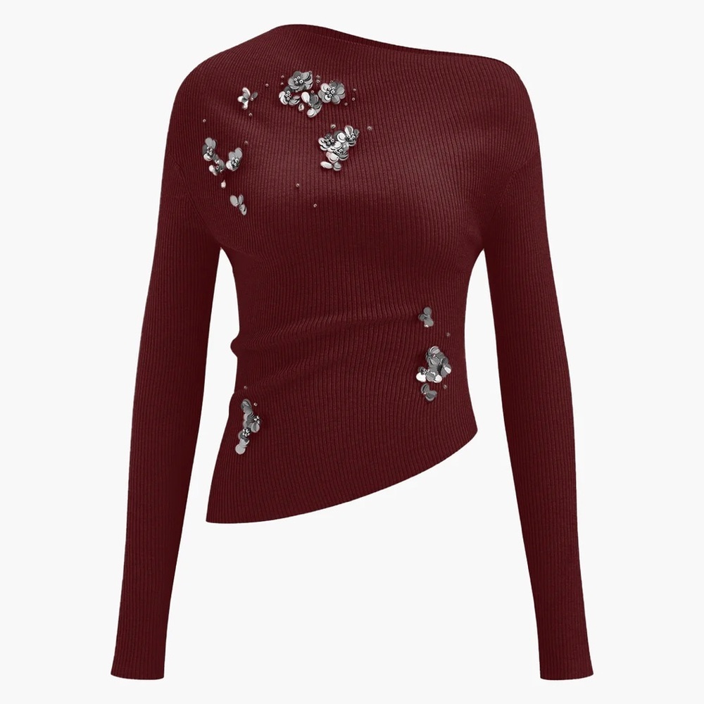 NWT Commense Burgundy Ribbed Knit Top Detail Wool Blend Asymmetrical Sequins M
